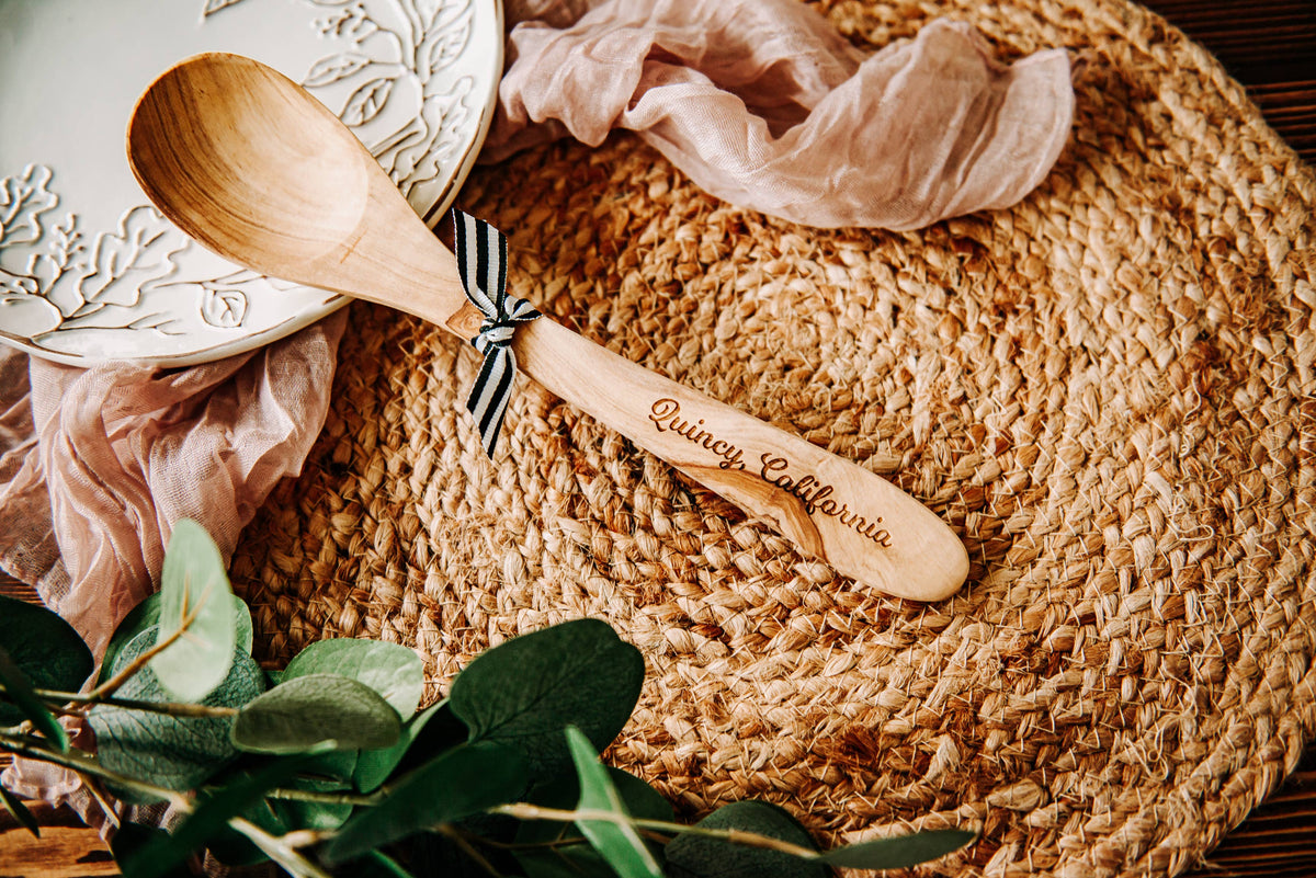 Custom City Name Olive Wood Serving Spoon & Towel Gift Set