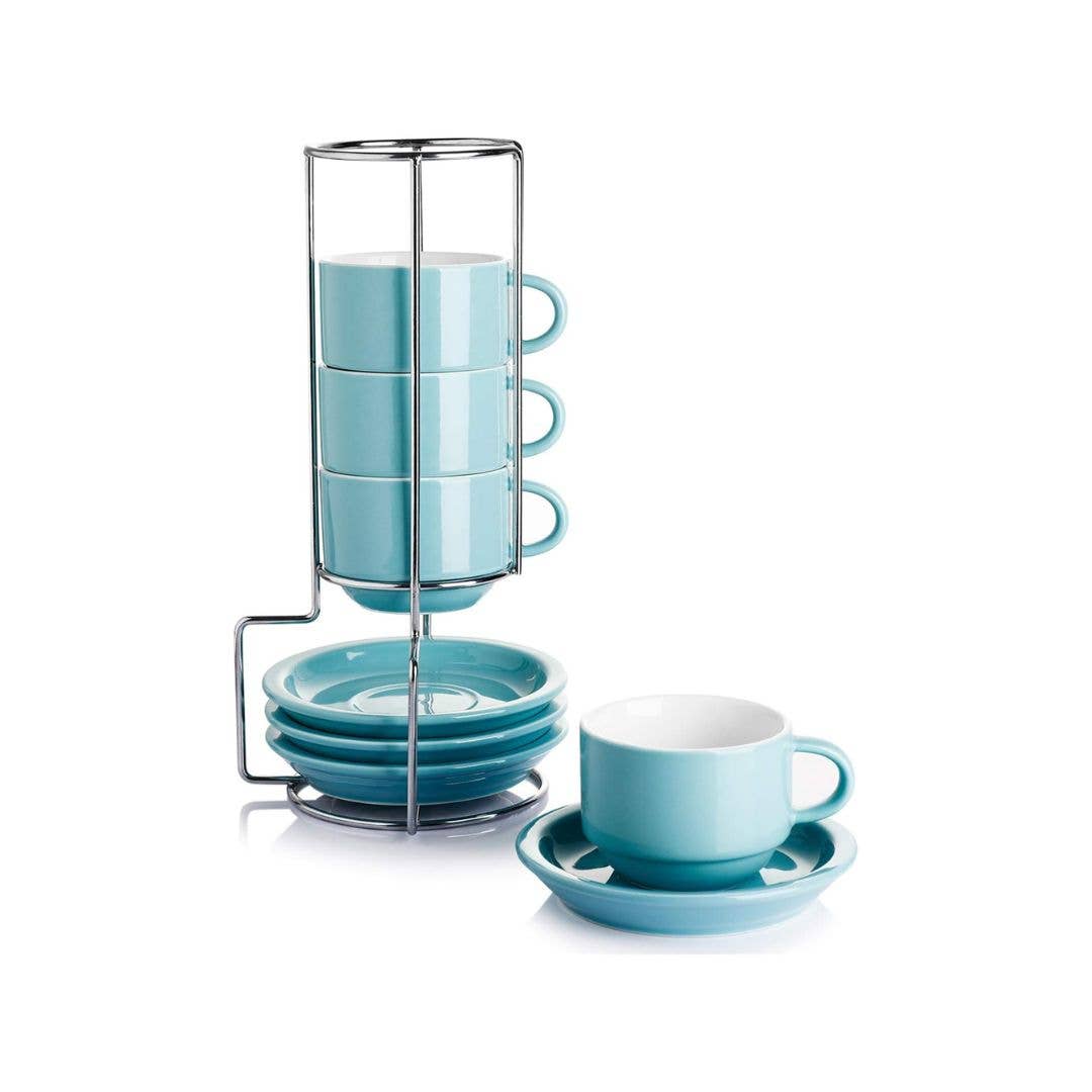 2.5 Ounce Porcelain Espresso Cups with Saucers and Stand