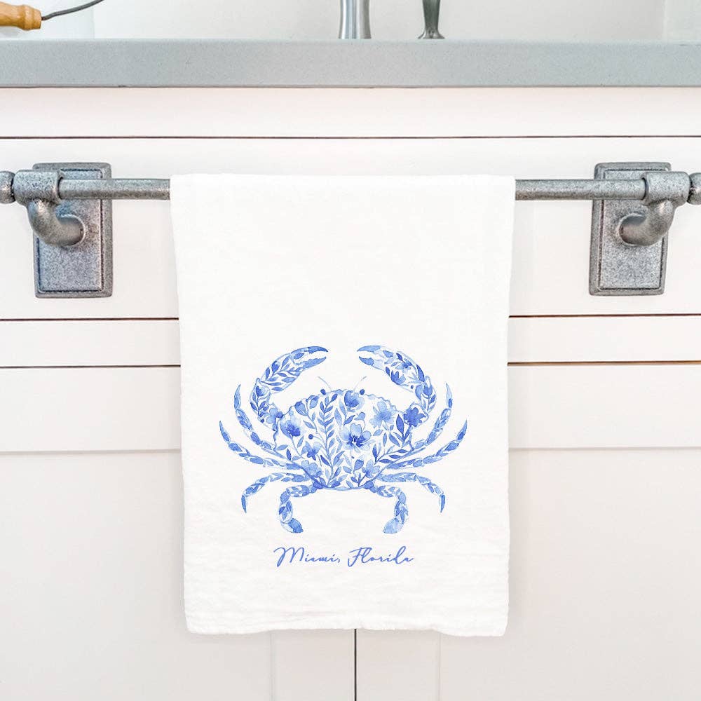 Watercolor Floral Blue Crab - Custom Cotton Tea Towel