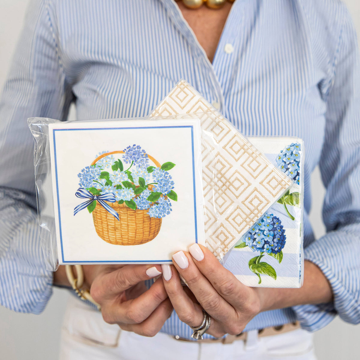 In Stock WH Paper Cocktail Napkin | Blue Hydrangeas Basket