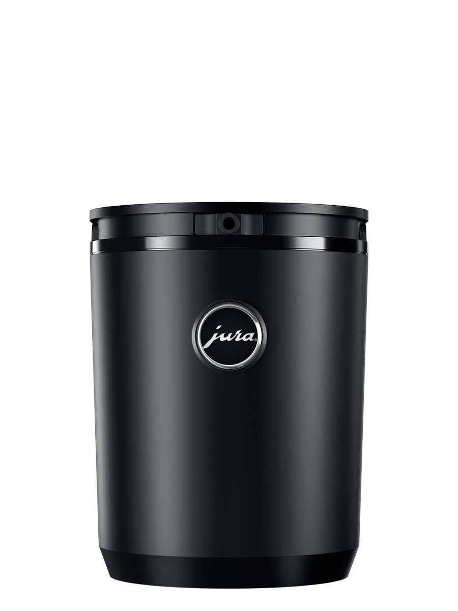 Front view of Cool Control Black (1L) with JURA logo on machine