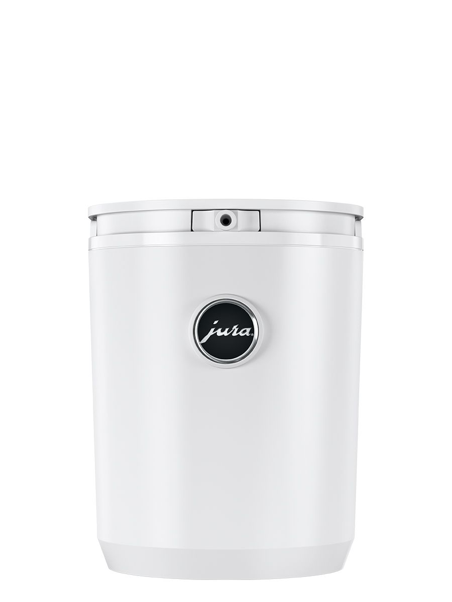 Front view of Cool Control White (1L) with JURA logo on machine
