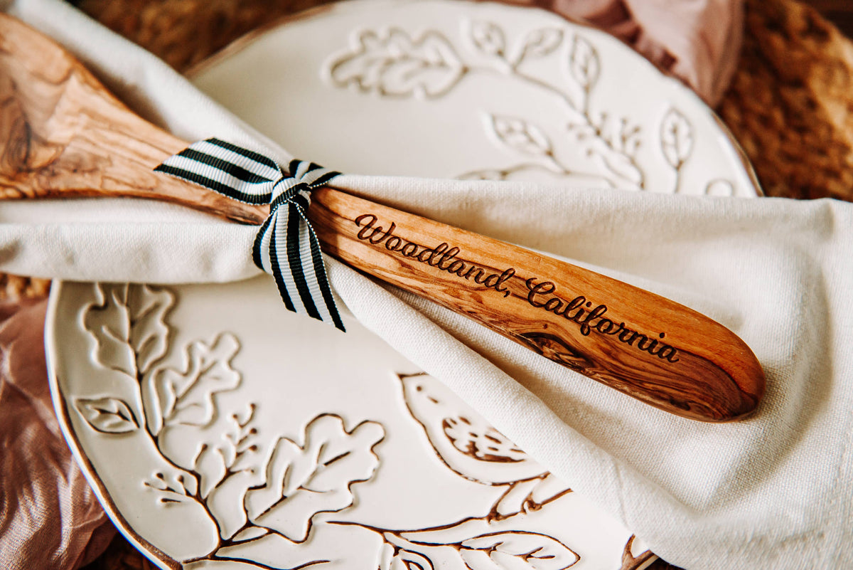 Custom City Name Olive Wood Serving Spoon & Towel Gift Set
