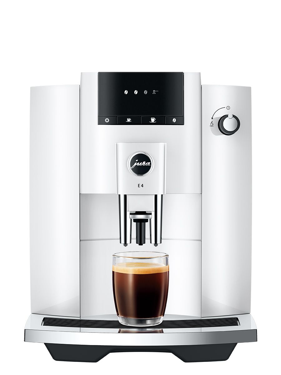 Jura E4 Piano White espresso machine, front view showing the drip tray and control panel and dispensed espresso shot in clear glass