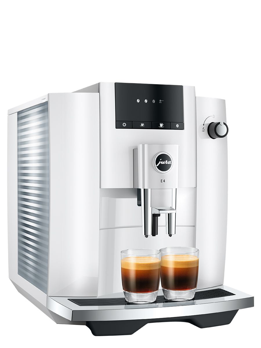 Angled view of Jura E4 Piano White, highlighting the touchscreen display, drip tray, and sleek white casing. With dispensed two espresso in two clear glasses