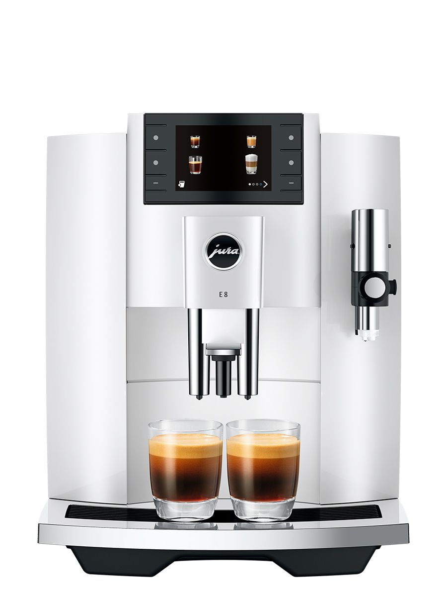 Front view of Jura E8 Piano White NAC espresso machine dispensing two shots of espresso into glass cups, with color display