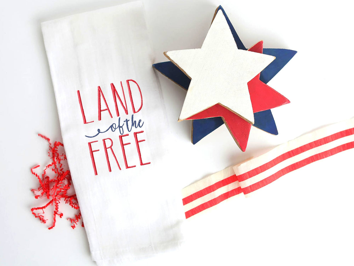 Embroidered Tea Towel Land of the Free Home Decor
