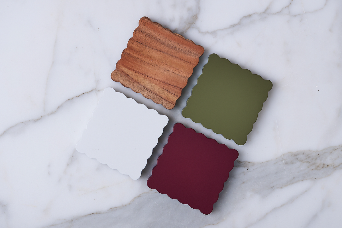 Scalloped Wood Coasters, Square, Vineyard Colors, Set of 4