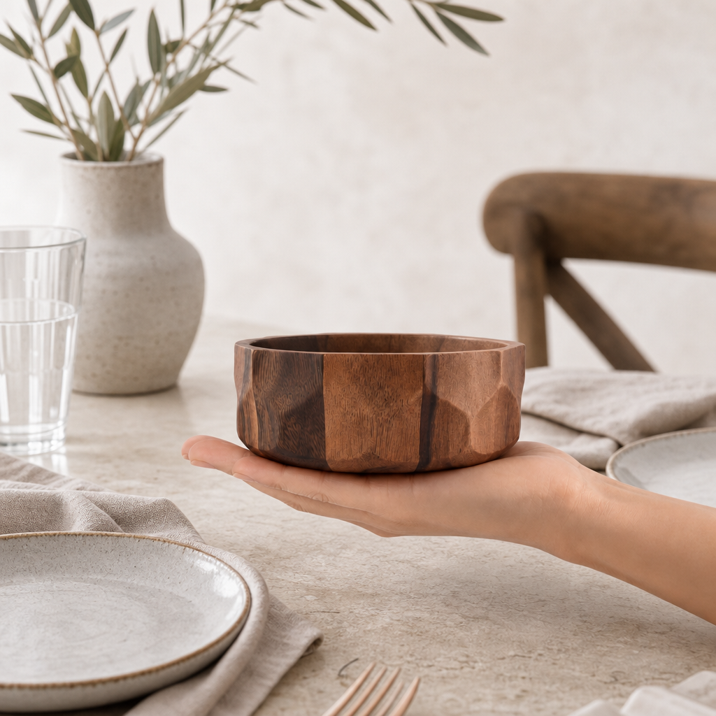 Diamond Pattern Single Acacia  Wood Salad Bowl