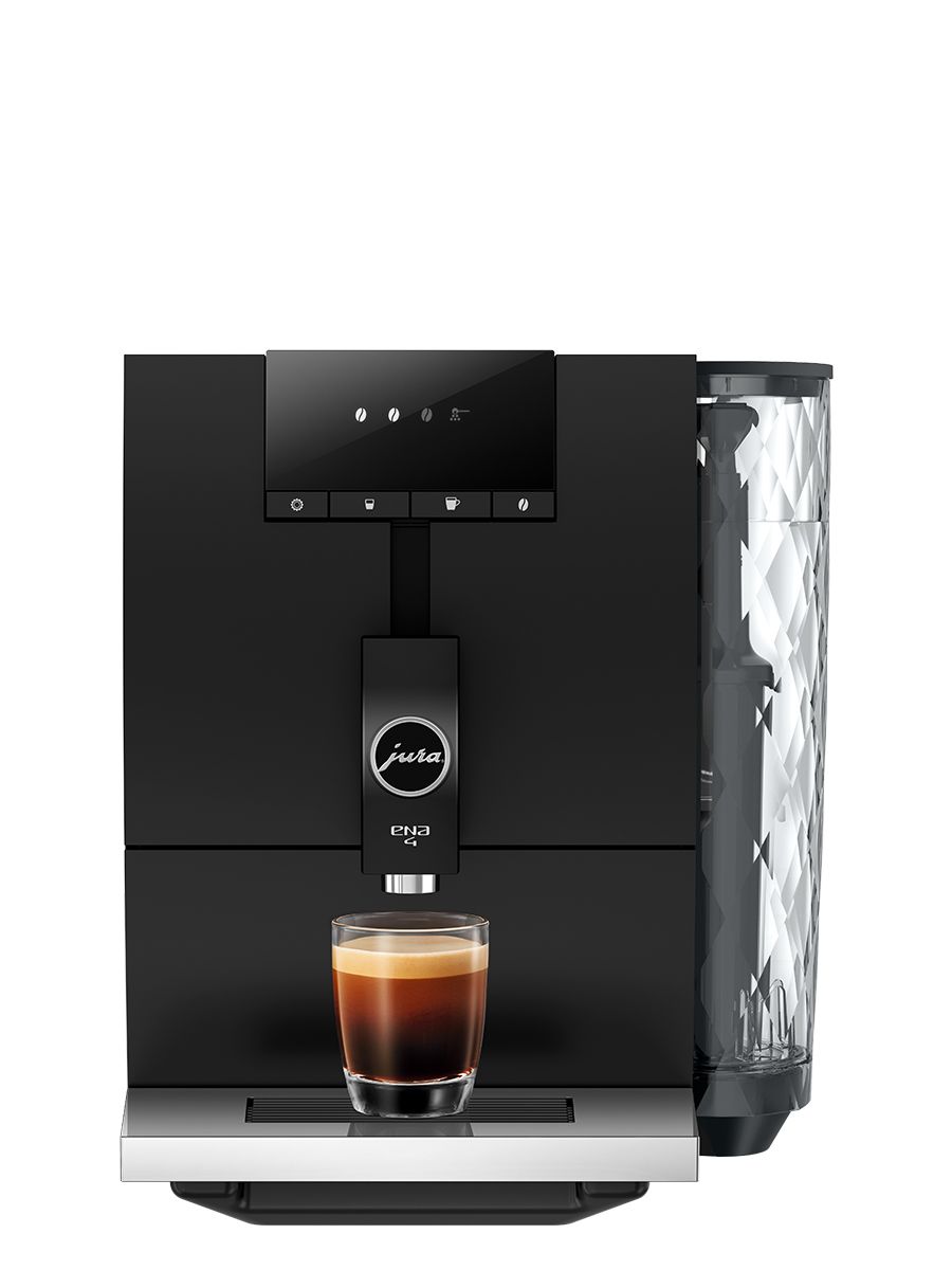 JURA ENA 4 Full Metropolitan Black coffee machine showing water tank and control panel with espresso glass on drip tray