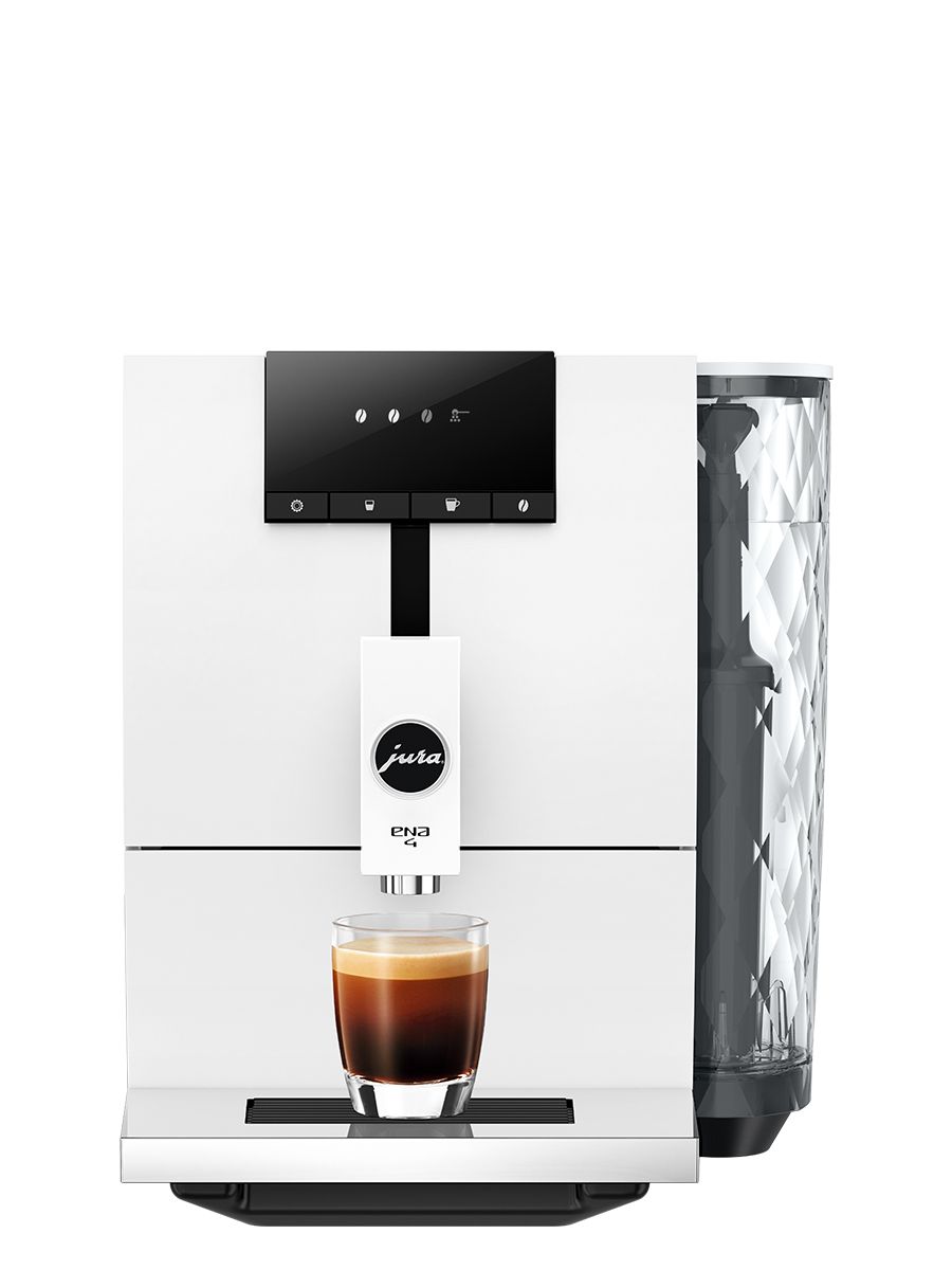 JURA ENA 4 Full Nordic White coffee machine showing water tank and control panel dispensing espresso