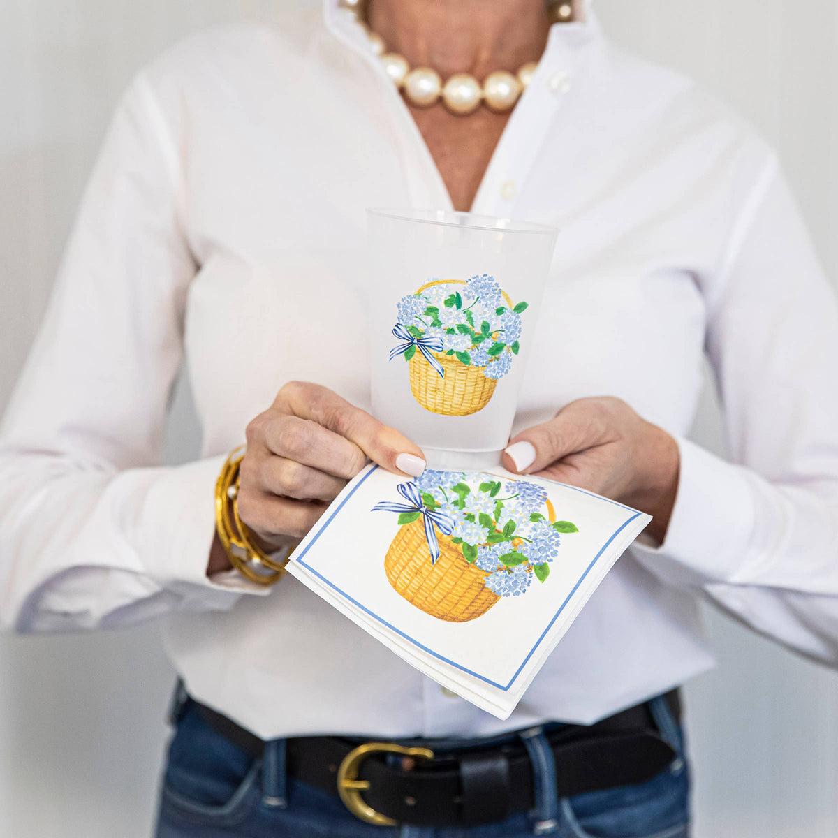 In Stock WH Paper Cocktail Napkin | Blue Hydrangeas Basket