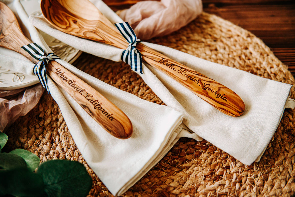 Custom City Name Olive Wood Serving Spoon & Towel Gift Set
