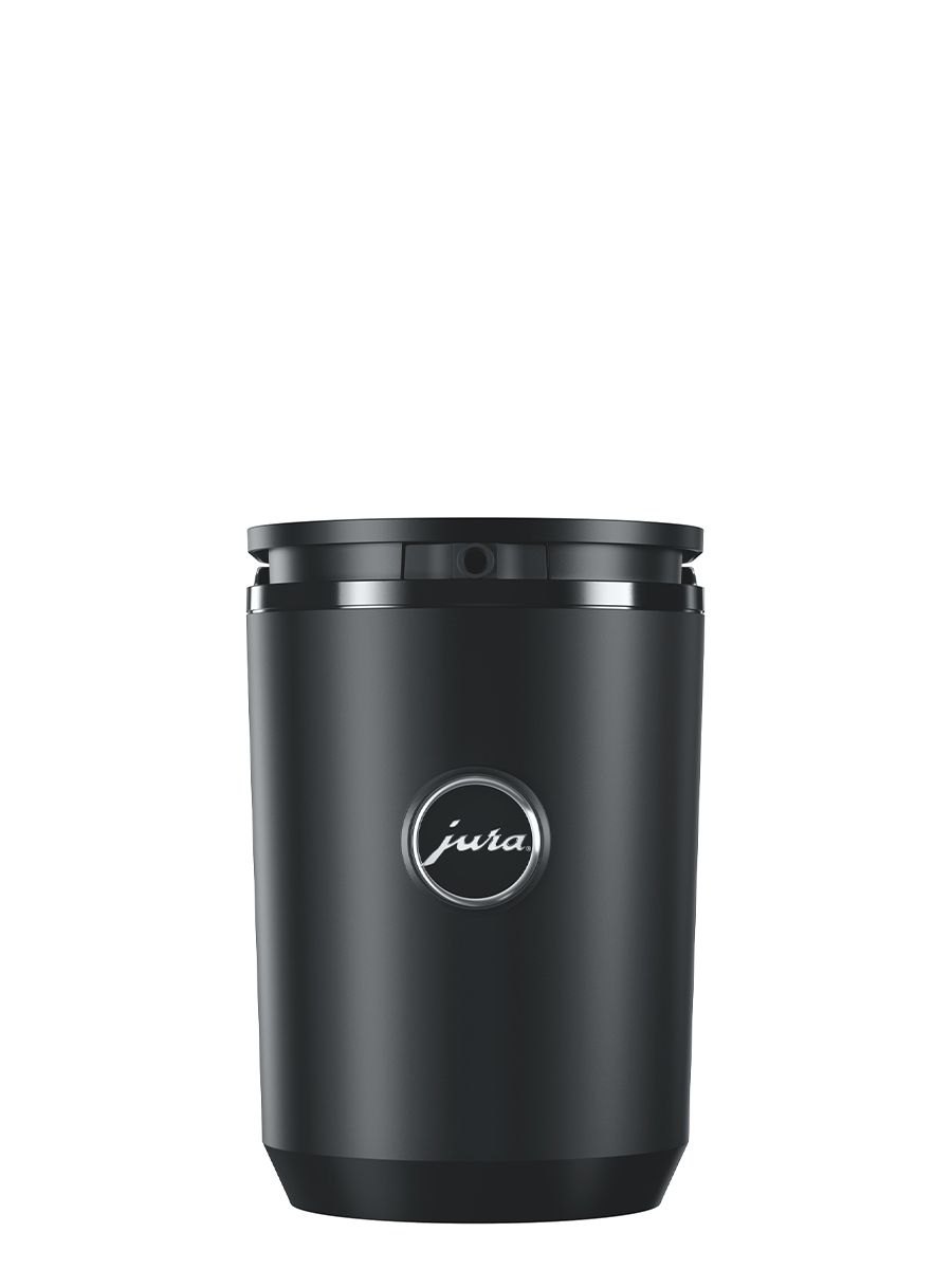 Front view of Cool Control Black (.6L) with JURA logo on machine
