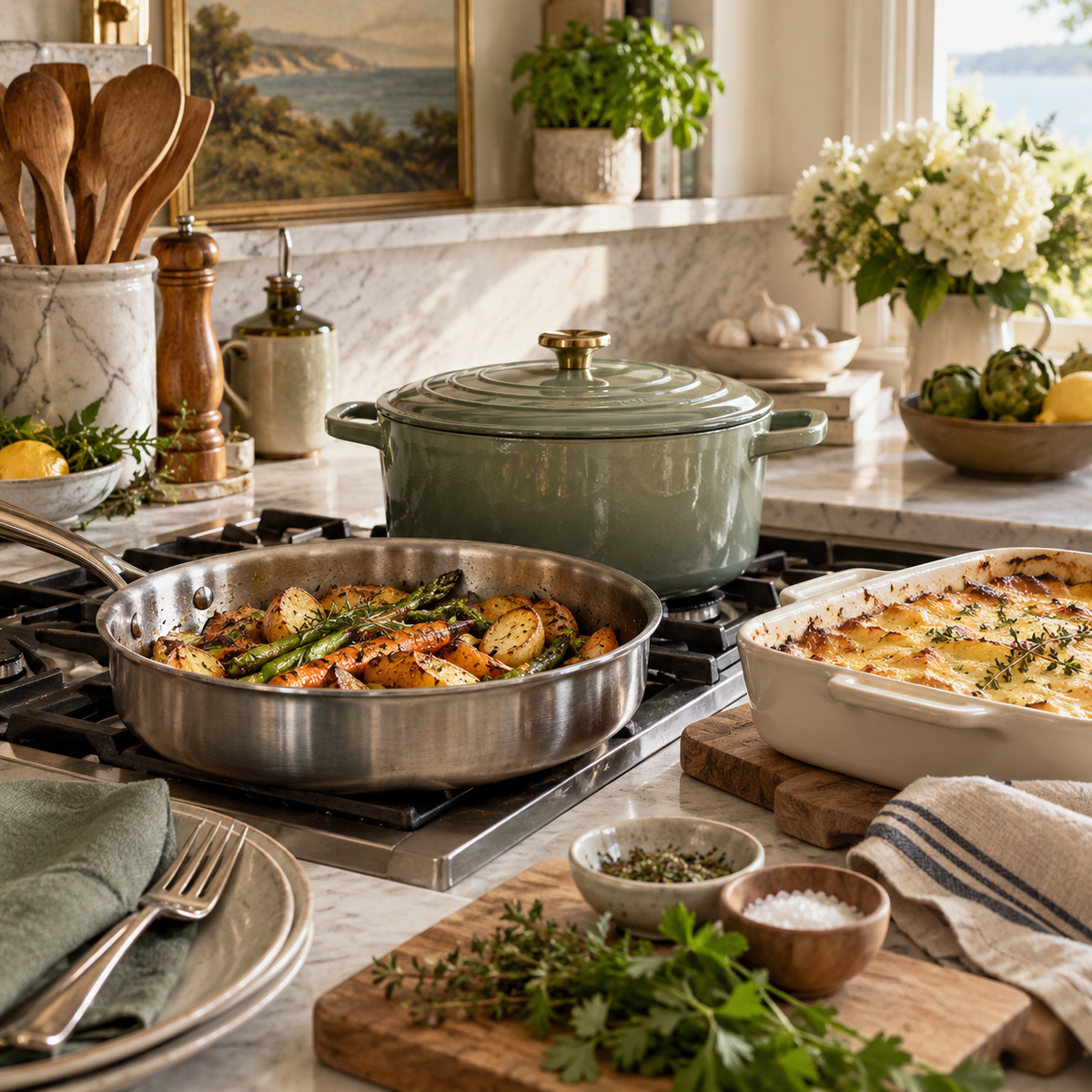 Elegant kitchen with cookware, roasted vegetables and ceramic bakeware