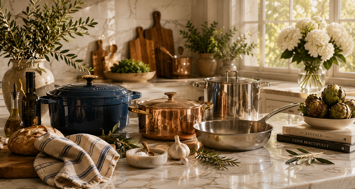 Luxury cookware displayed on a marble kitchen island at Le Cookery