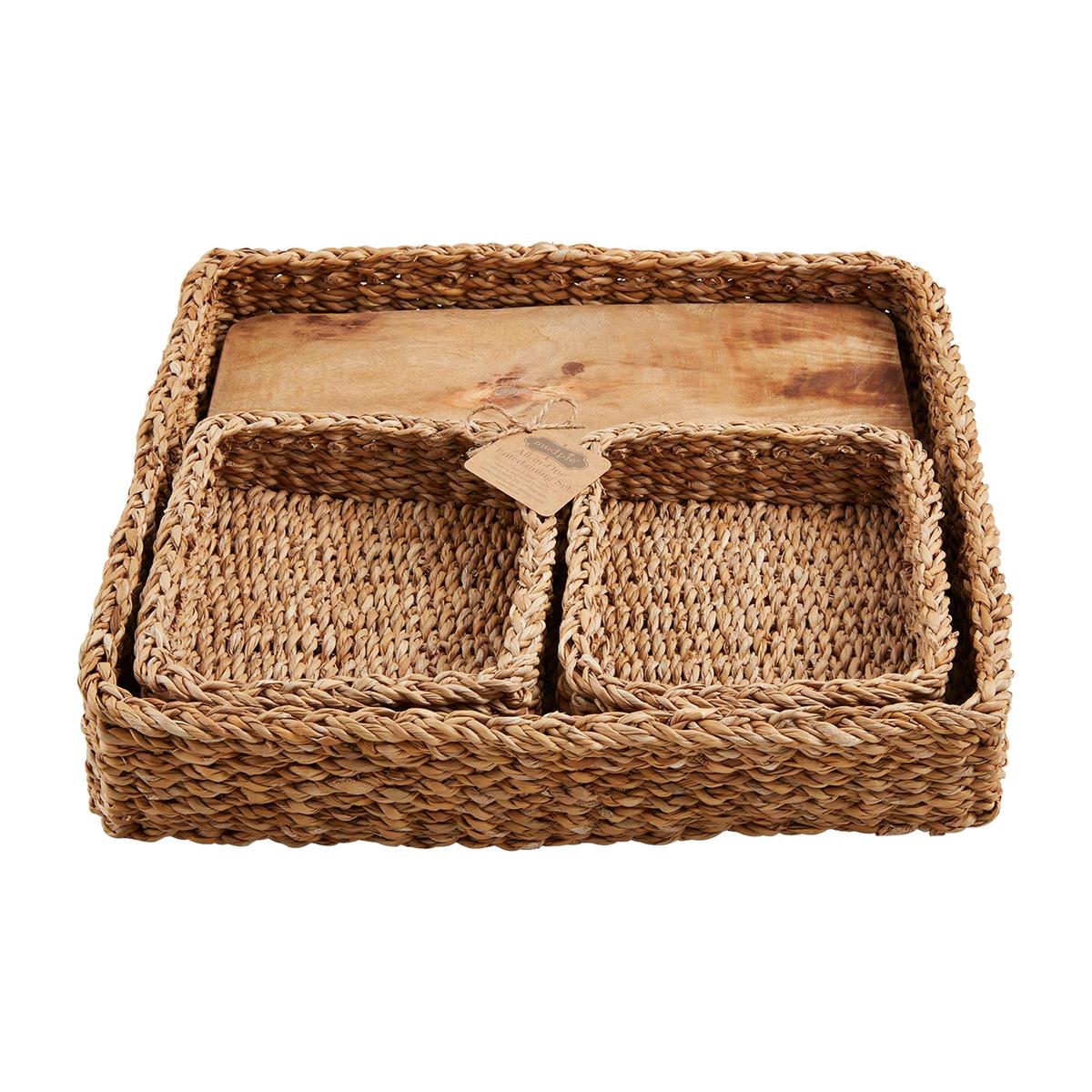 Mud Pie four-piece seagrass entertaining basket set with wooden cheese board